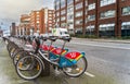 Dublin, Ireland Ã¢â¬â January 2019 City bikes ready to pickup on bike station in Dublin area, morning hours